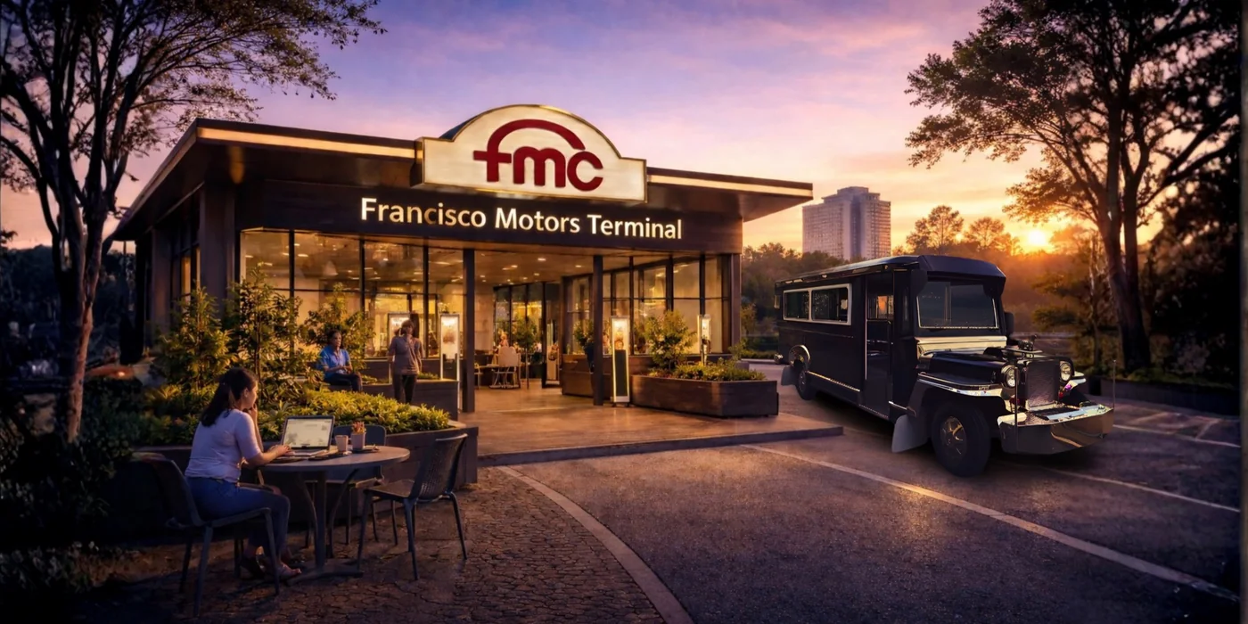 A Francisco Motors electric jeepney at an FMC terminal at sunset